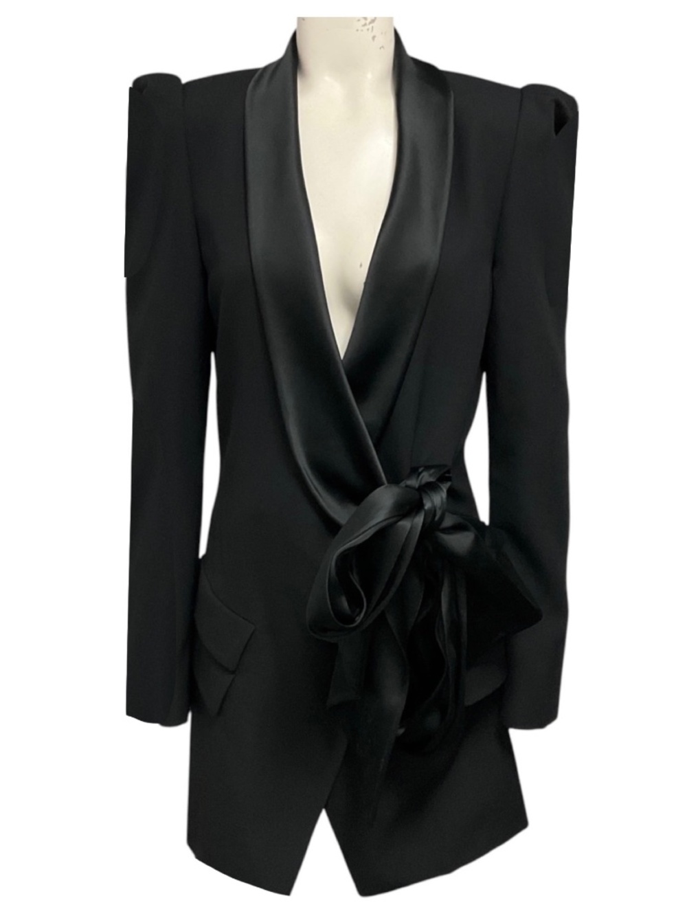 ALEXANDRE VAUTHIER BLACK SATIN TRIMMED TUXEDO STYLE WOOL MINI COCKTAIL DRESS